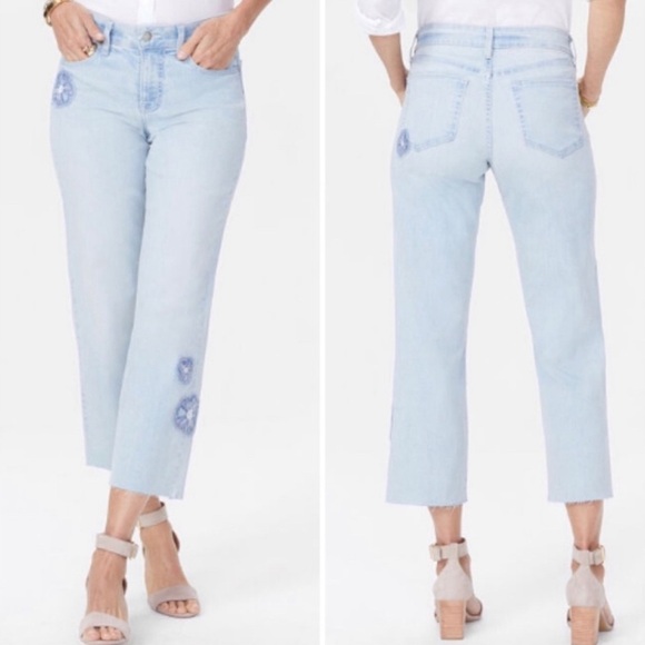 NYDJ Jenna Straight Ankle W/Appliqué Raw Hem Jeans in Palm Desert 18 PETITE - Picture 1 of 8